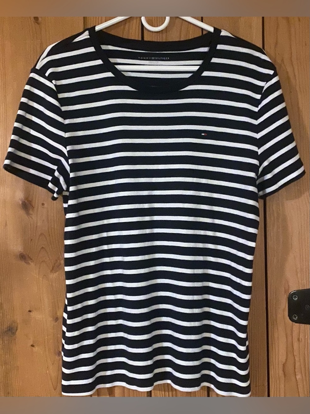 Tommy Hilfiger Navy & White Striped Tee with Logo Detail 100% Cotton